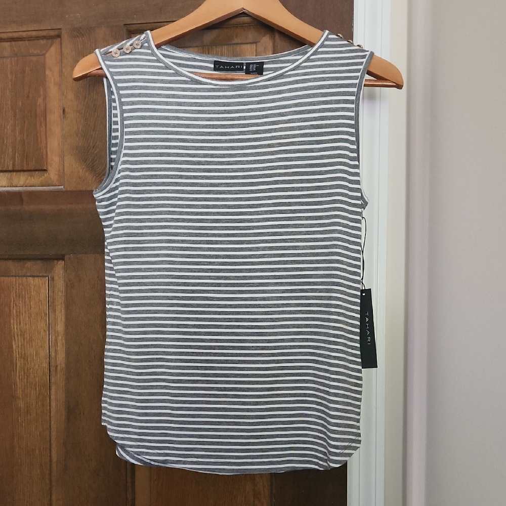 Tahari Gray Striped Tank Top with Button Detail